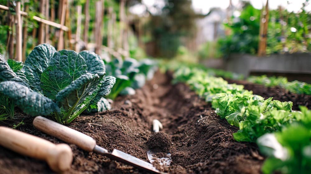 Un potager avec des rangées de légumes verts
