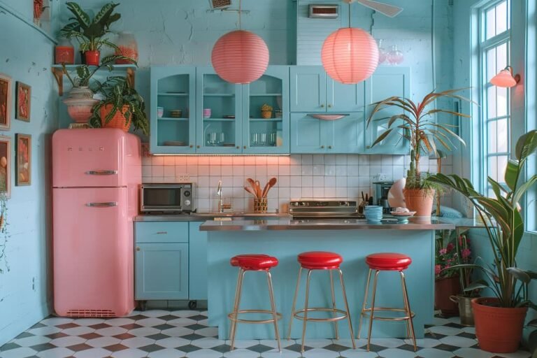 Une cuisine avec un réfrigérateur rose et des tabourets rouges