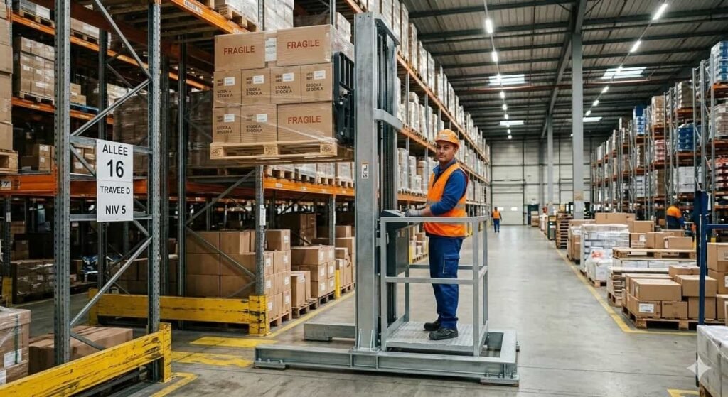 Monte charge electrique dans un entrepot