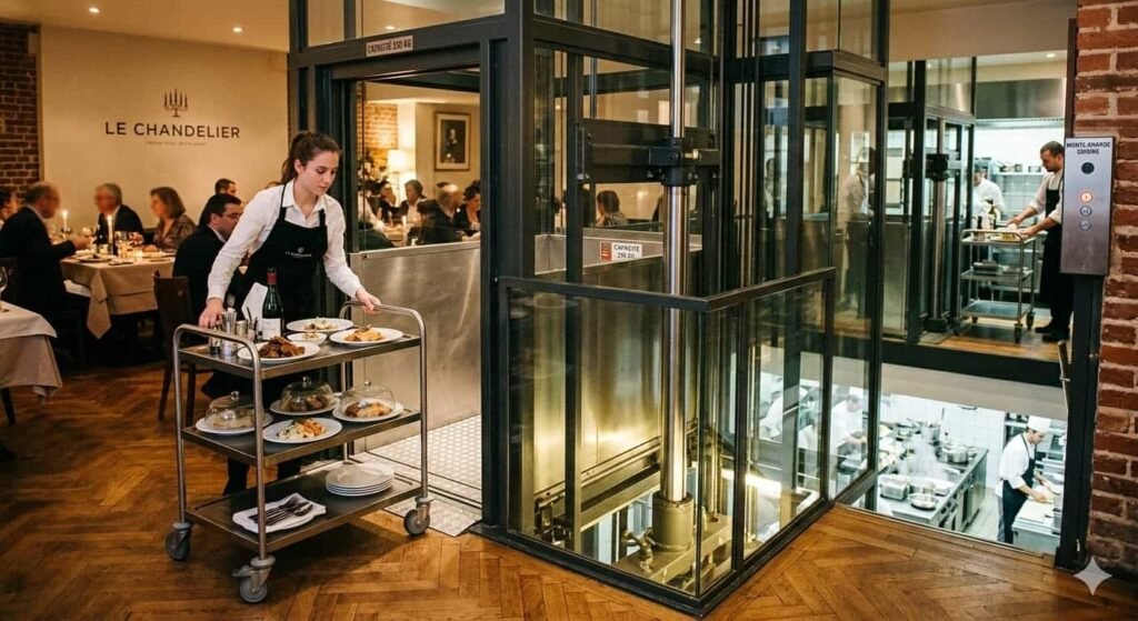 Monte charge hydraulique dans une restaurant