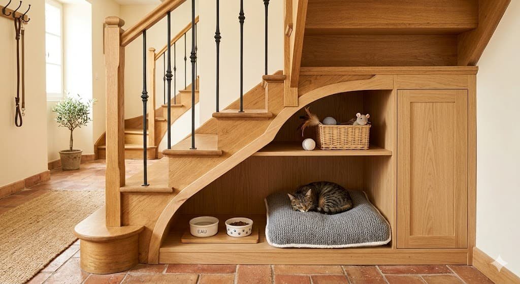 Coin animaux sous un escalier