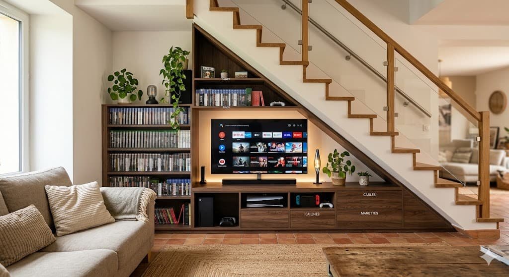 Coin multimedia sous un escalier
