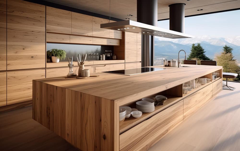 La cuisine contemporaine avec îlot central en bois massif