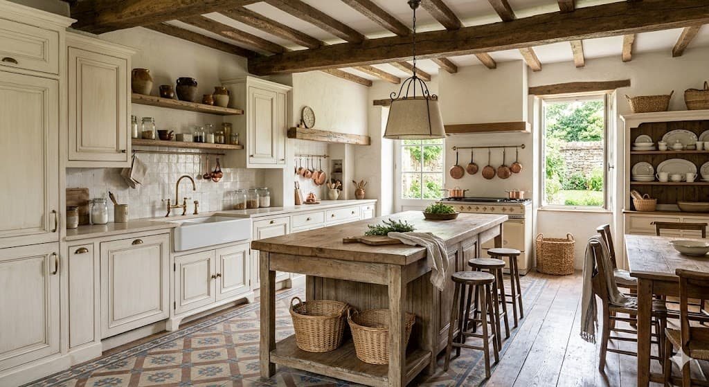 Cuisine campagne chic revisitée le bois patiné et le blanc cassé