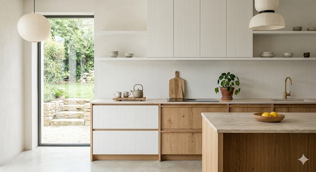 Cuisine minimaliste japandi alliance du bois naturel et du blanc texturé