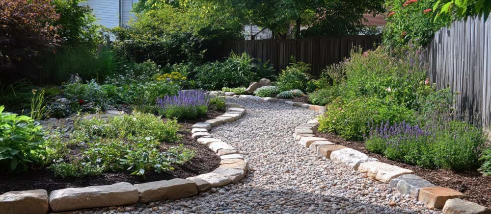 Un sentier de pierre sinueux mène à travers un jardin