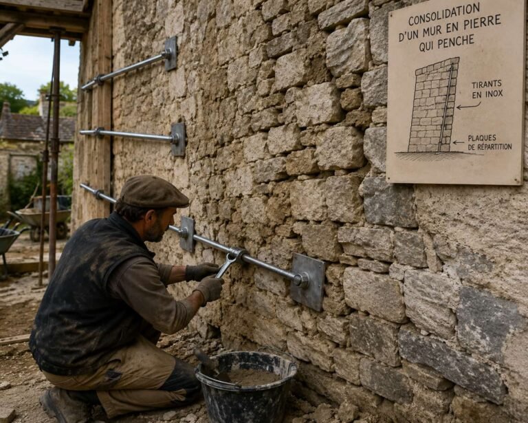 Artisan qui consolide un mur en pierre qui penche