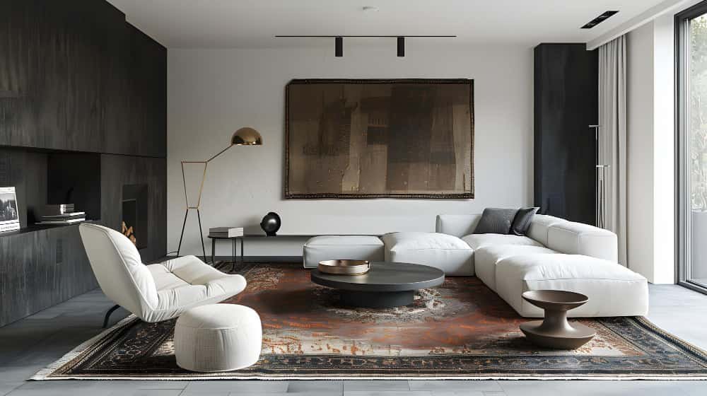 Salon minimaliste avec un tapis de déclaration