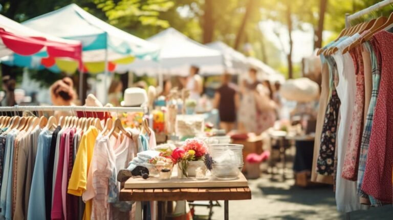 Un marché avec beaucoup de vêtements sur la table