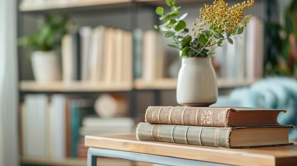 Un vase avec des fleurs et un livre sur le dessus