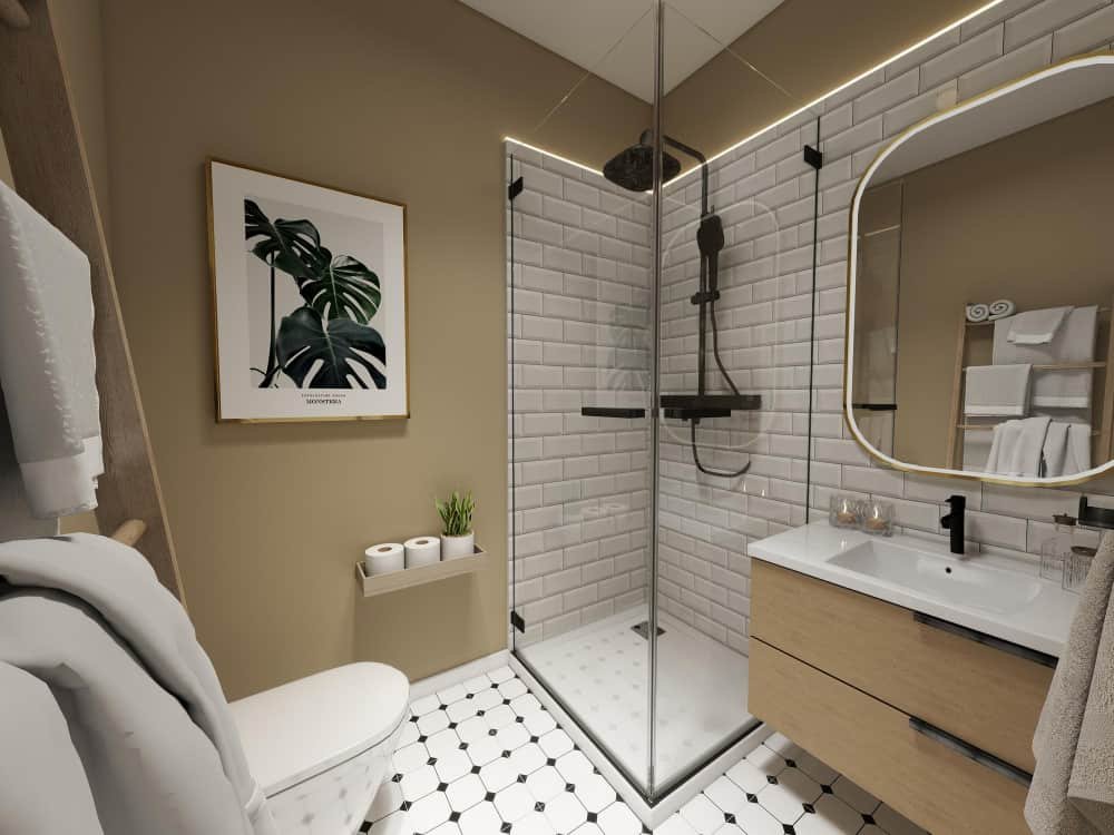 Une salle de bain avec une toilette blanche