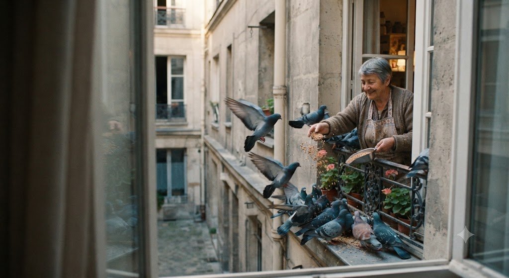 Ma voisine donne a manger au pigeons