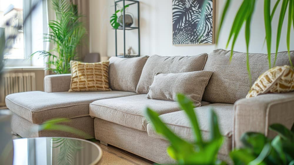 Un salon avec un canapé et une plante