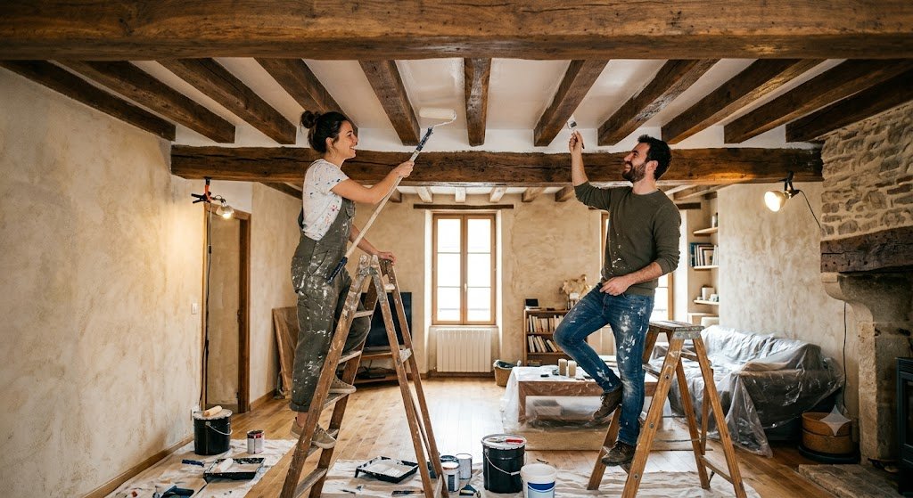Peindre un plafond entre les poutres