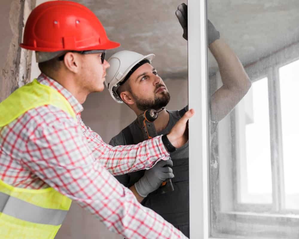 Ouvriers posent une fenetre