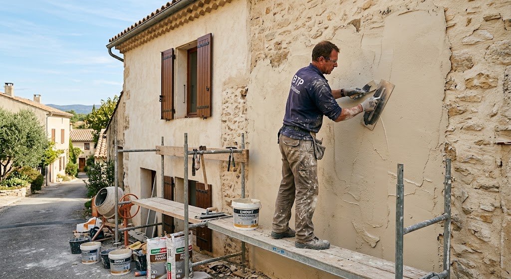 Ouvrier qui met enduit de facade