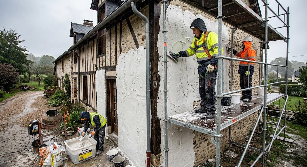 Ouvriers qui travaillent sous la pluie